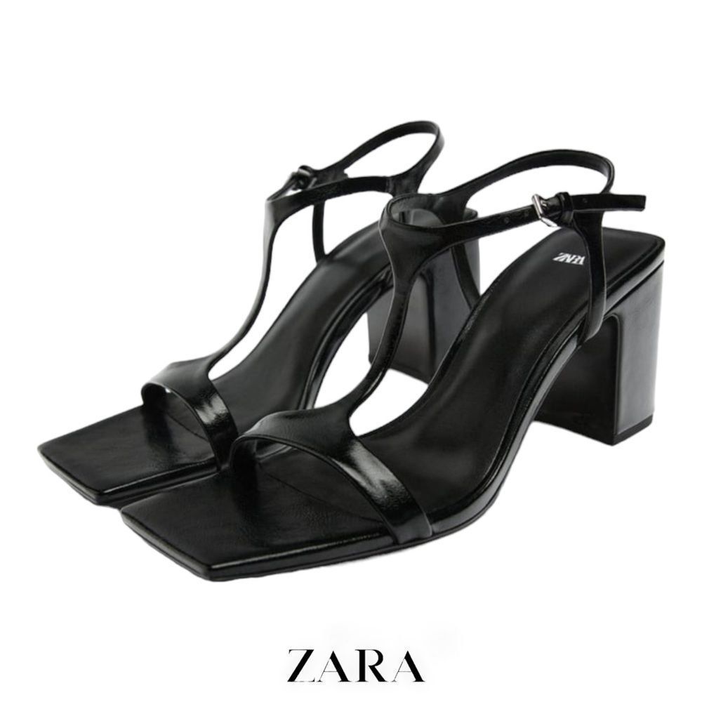 Zara Black T-Strap Square-Toe Block Heel Sandals